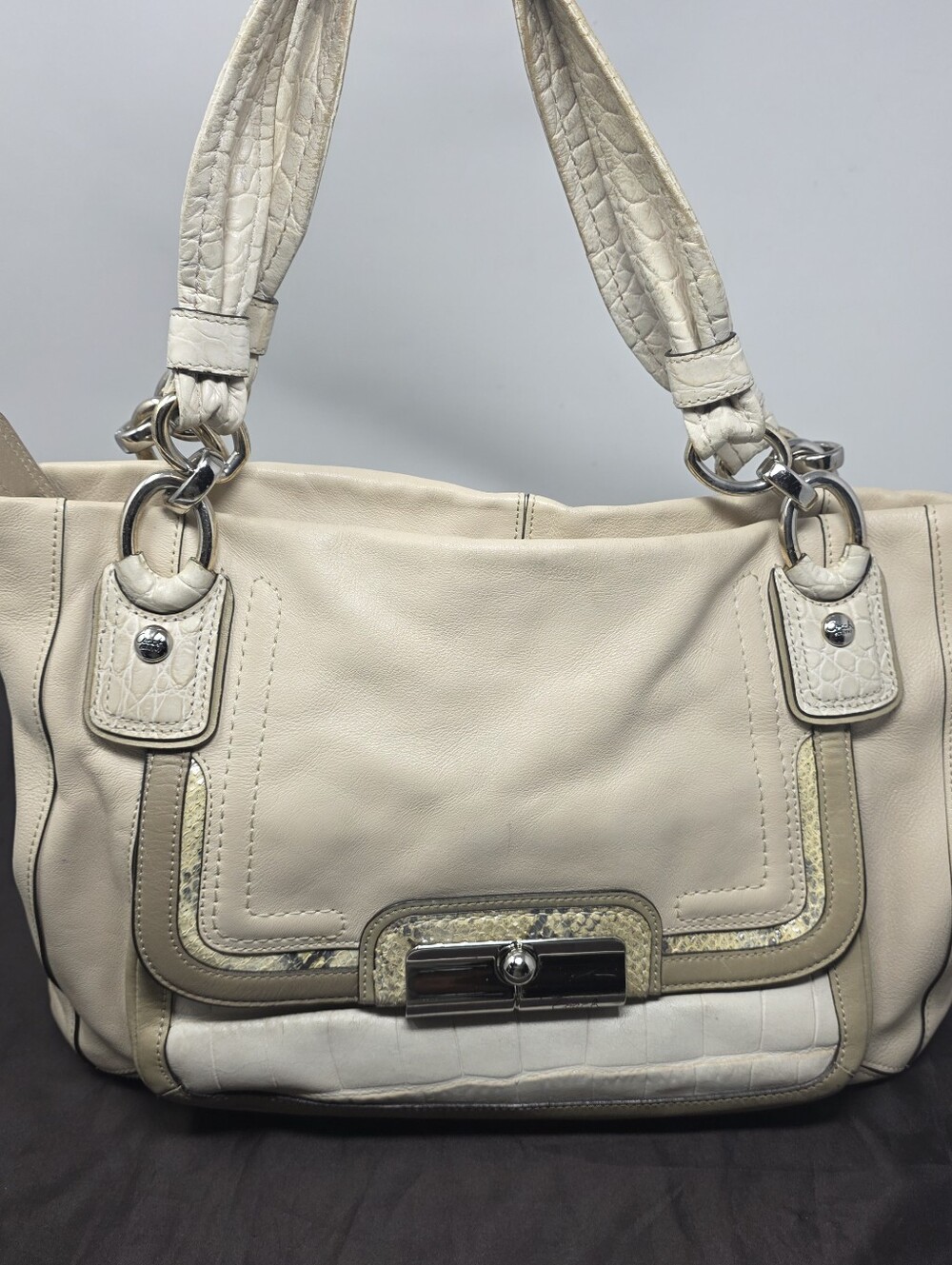 Coach Kristin Hobo Shoulder Bag Cream Leather Silver Hardware Purple Lining